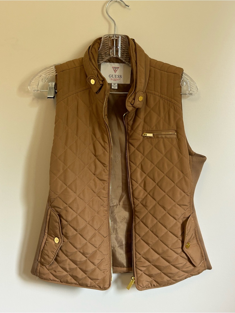 Guess Quilted Tan Girls Vest with Gold Hardware